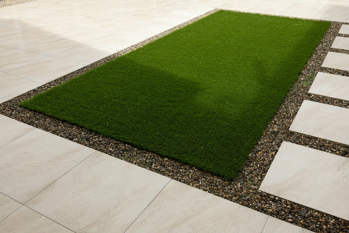 a green grass area in the middle of a walkway